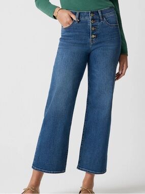 J. CREW WIDE LEG CROP JEAN GOLD FLOWER BUTTON FRONT HIGH WAIST SIZE 33 SLIMMING